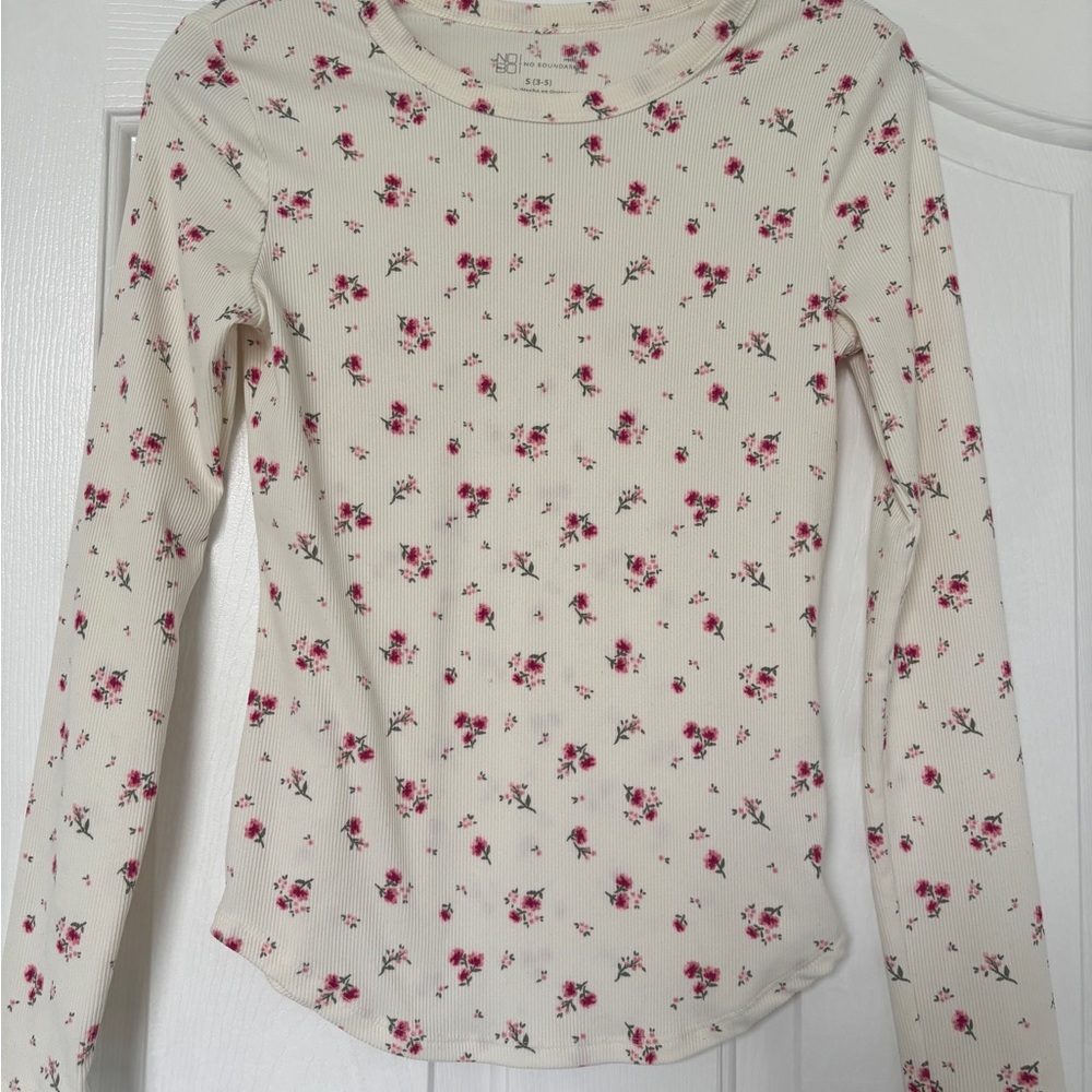 No Boundaries Cream Ribbed Long-Sleeve Tee with Pink Rose Print